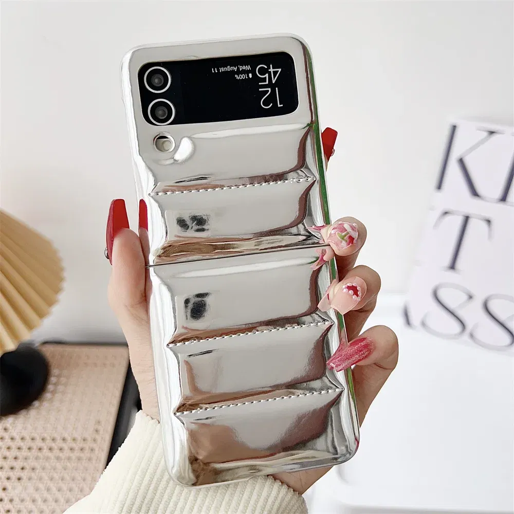 Material: Cotton Fabric, Color: Beige - for Samsung ZFlip5 Luxury Down Jacket Glossy Case for Samsung Galaxy Z Flip 5 4 3 flip4 Solid Color Plating Soft Silicone Cover