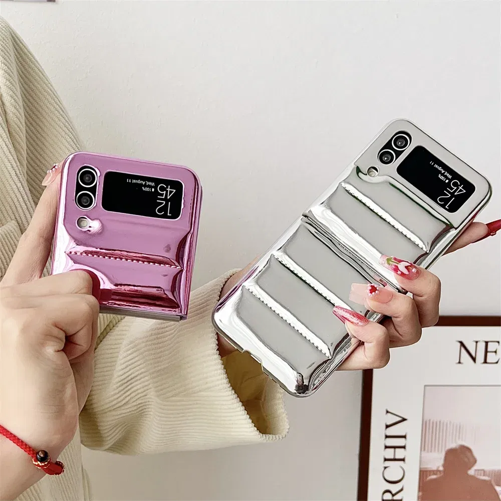 Material: Cotton Fabric, Color: Beige - for Samsung ZFlip5 Luxury Down Jacket Glossy Case for Samsung Galaxy Z Flip 5 4 3 flip4 Solid Color Plating Soft Silicone Cover