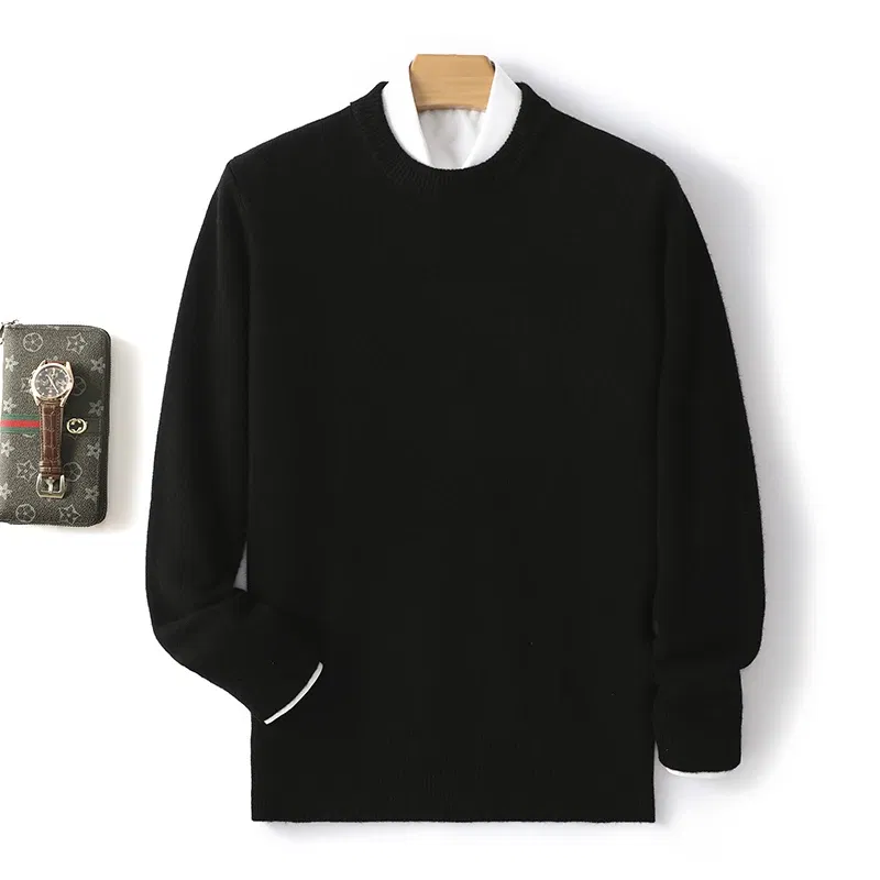 Color: black, Size: XL, Ships From: CHINA - Men's 100% Pure Wool Cashmere Sweater O-Neck Pullover Knit Sweater Autumn and Winter New Long Sleeve High-End Jumpers Thick Tops