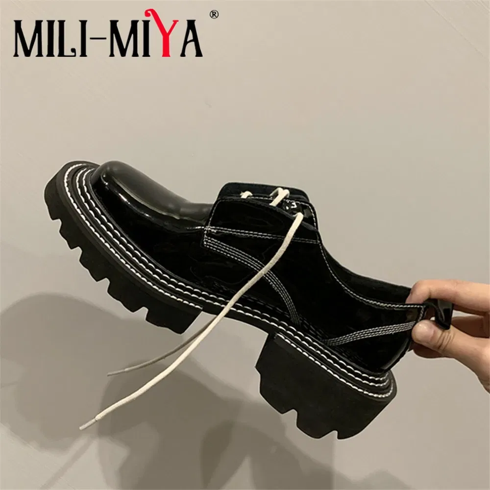 Color: Beige, Shoe Size: 11 - MILI-MIYA New Arrival Thick Heels Women Cow Patent Leather Pumps Lace Up Round Toe Fashion Street Casual Shoes Size 34-42