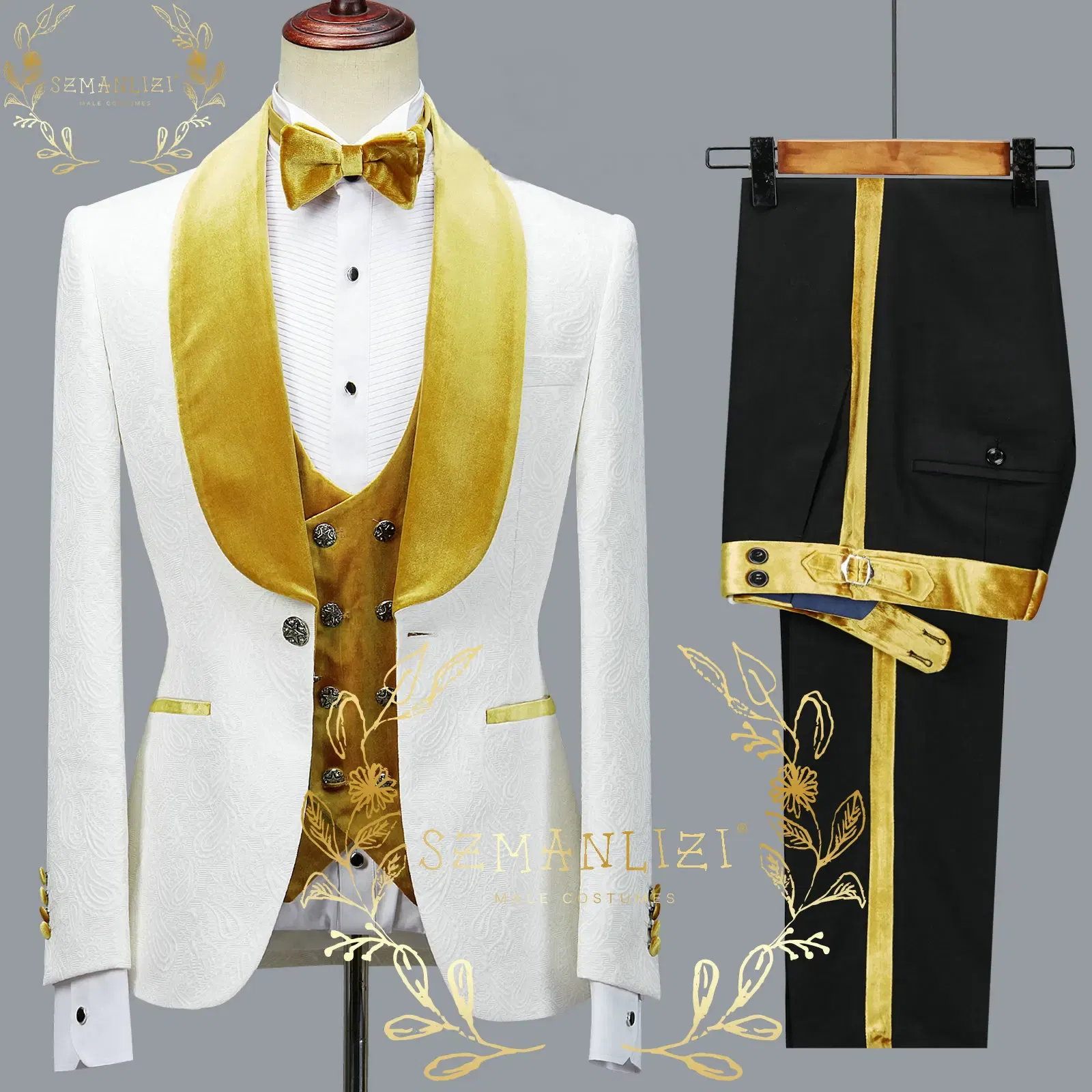 Color: green, Size: S - SZMANLIZI 2022 Latest Designs Black Floral Party Blazer Men Suits Costume Homme Groom Tuxedos Wedding Terno Masculino 3 Pieces