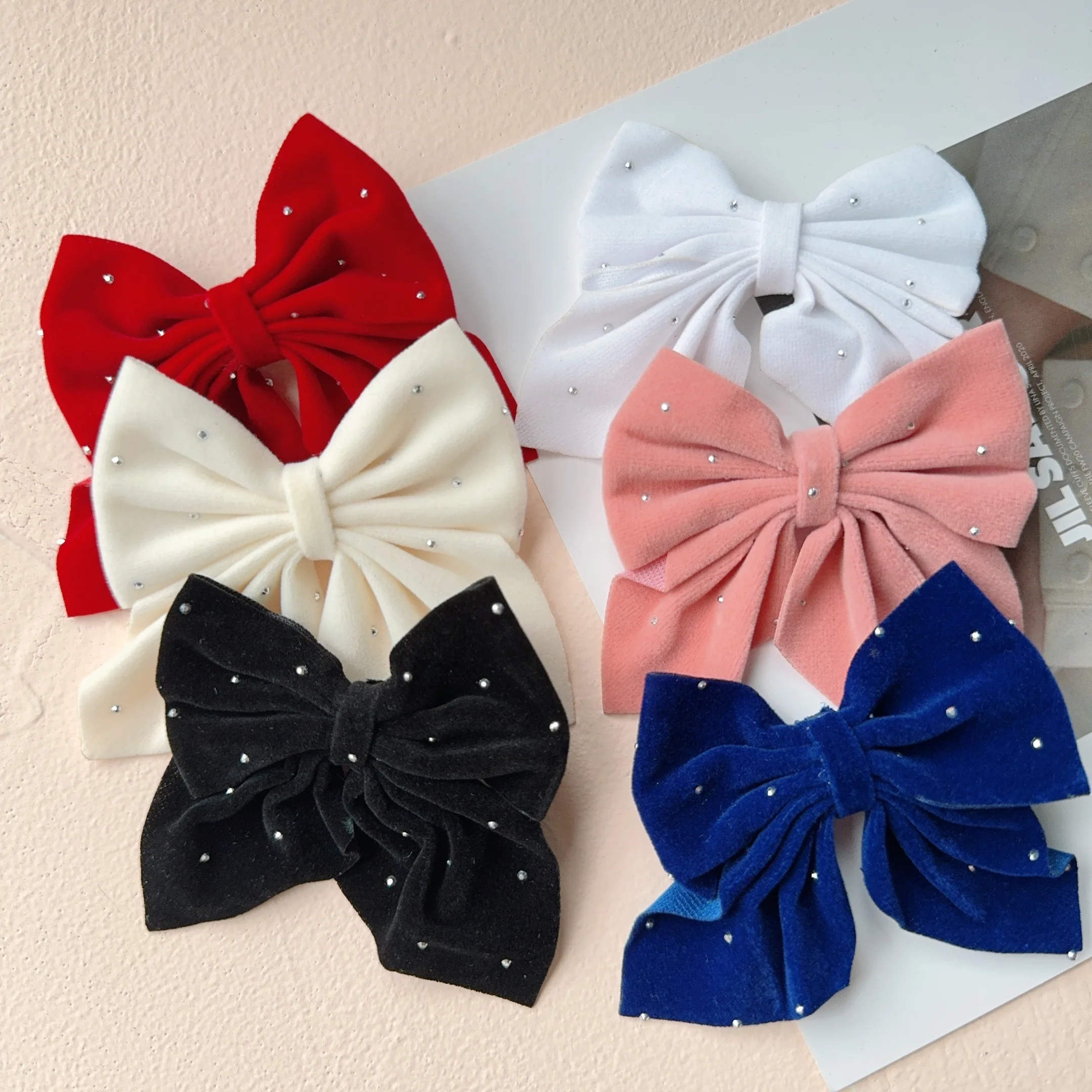 Color: Orange - 2Pcs Starry Dots Red Velvet Bow Hair Pins Hair Clips Kids Girls Fashion Christmas Barrettes Ponytail Holder Headwear Accessories