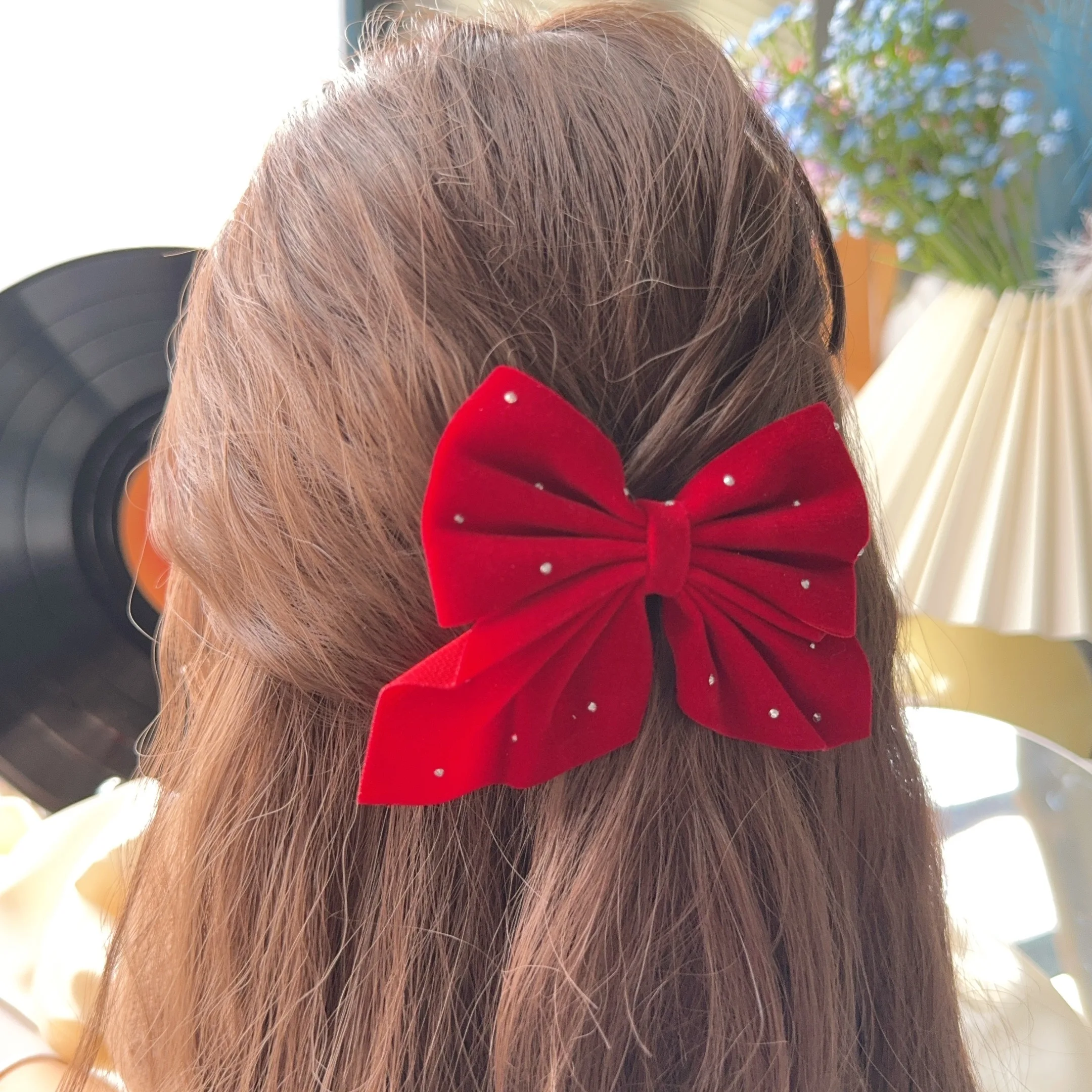 Color: Orange - 2Pcs Starry Dots Red Velvet Bow Hair Pins Hair Clips Kids Girls Fashion Christmas Barrettes Ponytail Holder Headwear Accessories