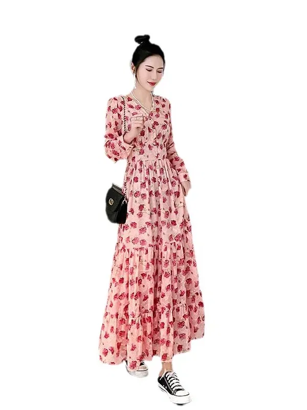 Color: Beige, Size: M - Chiffon floral dress 2024 spring/summer new high waisted slimming knee length skirt light luxury French style large skirt 3FWF