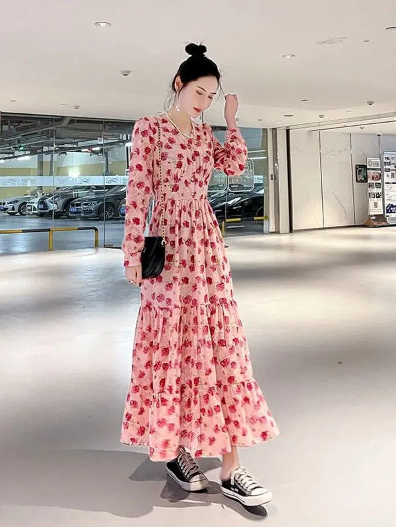 Color: Beige, Size: M - Chiffon floral dress 2024 spring/summer new high waisted slimming knee length skirt light luxury French style large skirt 3FWF