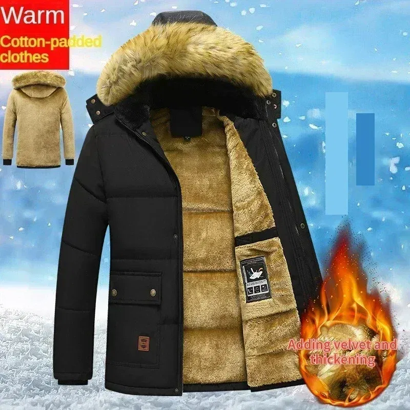 Color: Beige, Size: XXL - 2024 New Men Winter Autumn Work Outwearing Parka Black Fleece Lined Thick Warm Hooded Fur Collar Coat Male Size 5XL Plush Jacket