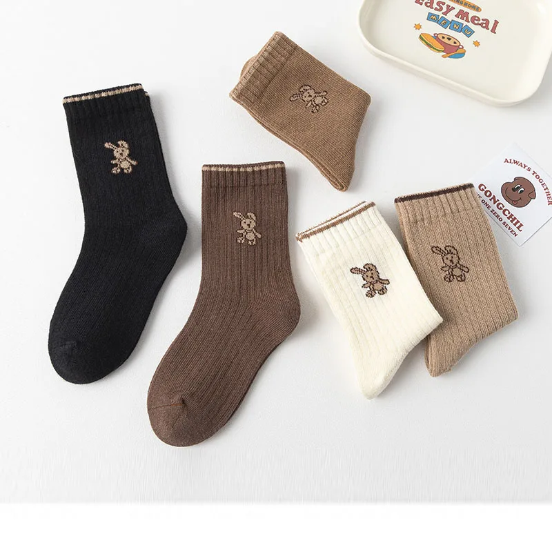 Color: Brown, Size: 2-3T - Autumn Socks Baby 5 Pairs Cartoon Bunny Pattern Socks Girls Calf Length Children Socks Solid Cotton Socks