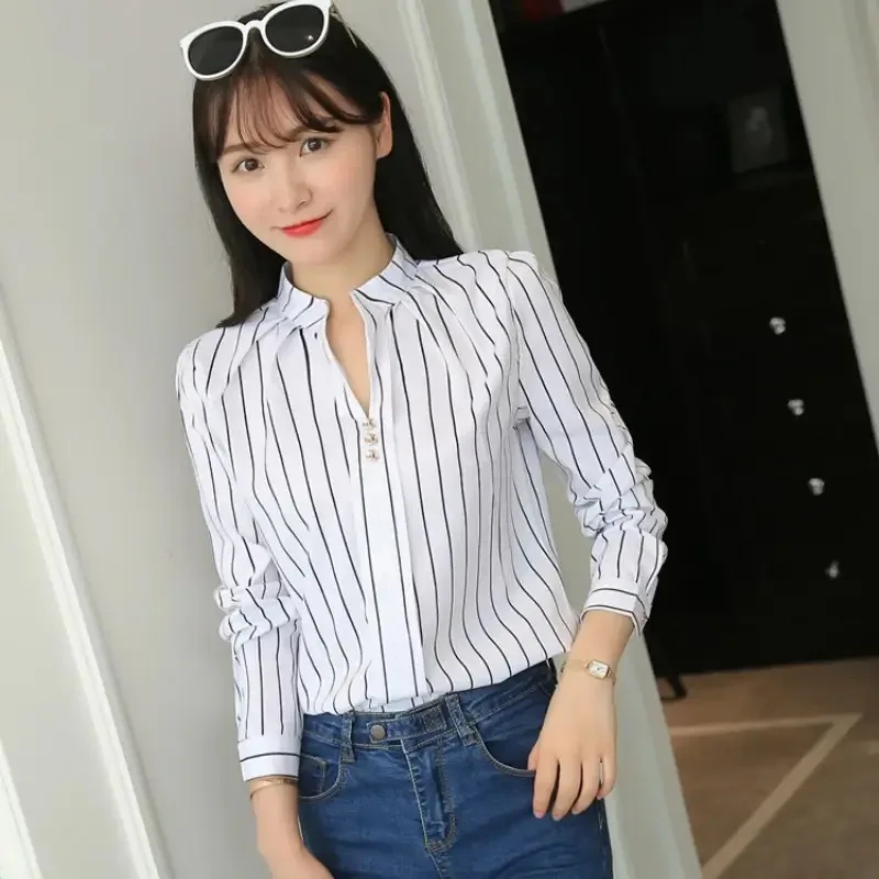 Color: Beige, Size: XXL - Women White Tops Blouses Fashion Stripe Print Casual Long Sleeve Office Lady OL Shirts Slim Blusas DF4970