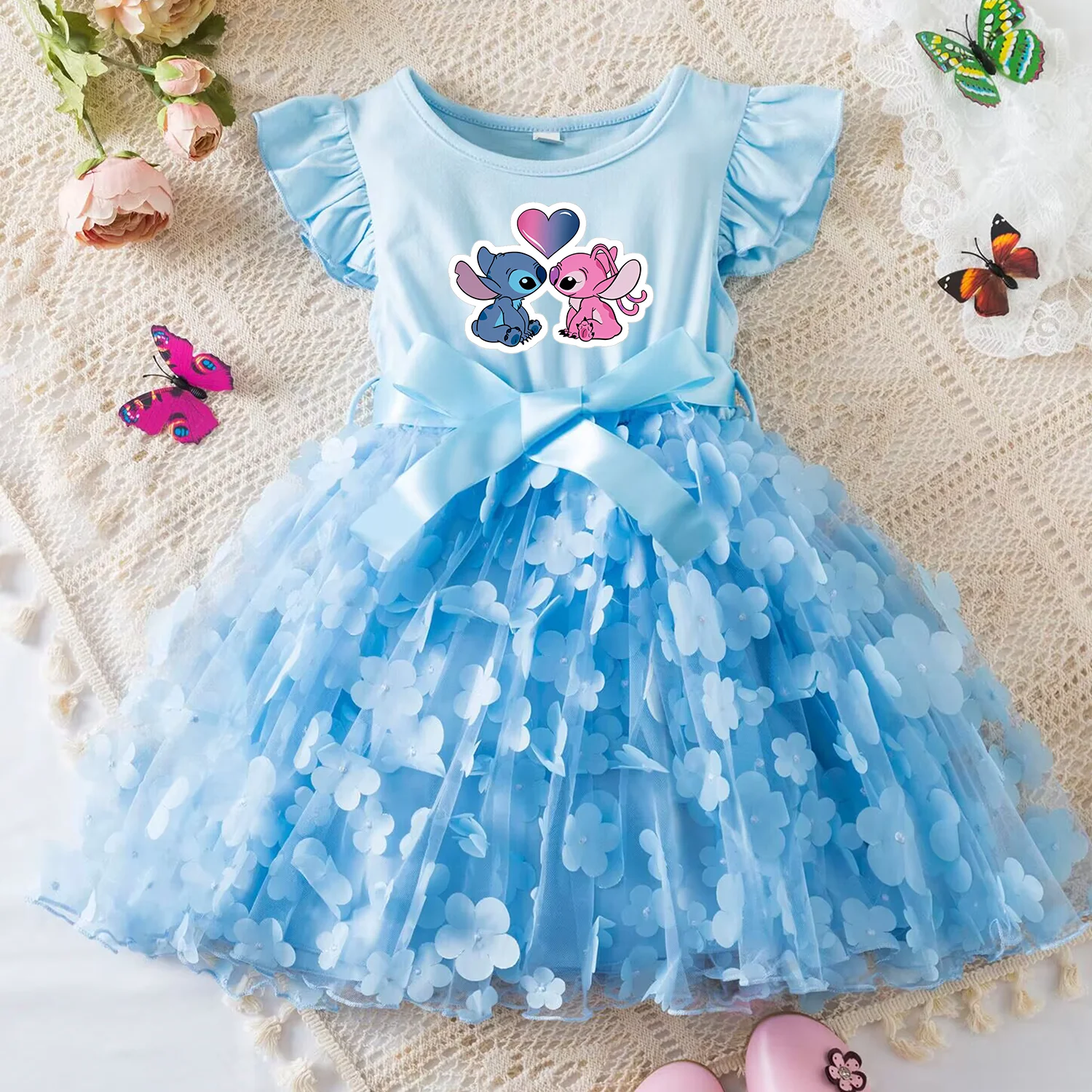 Color: Navy Blue, Size: M - 3D Butterfly Cute Lilo Stitch Summer Dress for Kid's Casual Clothes Baby Girls Beautiful Princess Dress Party Dresses 2-6 Yrs