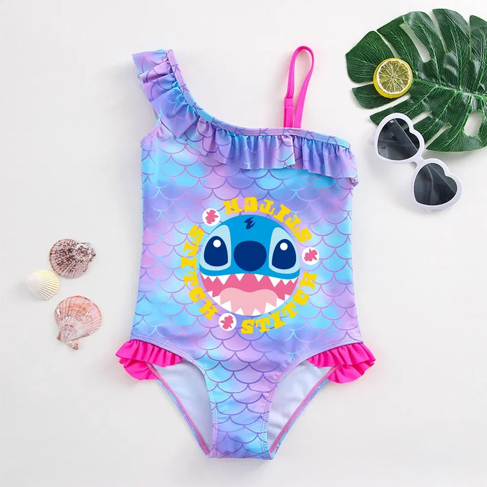 Color: APRICOT, Size: L - Stitch Girls Swimsuit Fashion Mermaid Fish Scale One-Piece Bathing Suits Children's Dresses Summer Swimwear Beach Suit Kids Wear