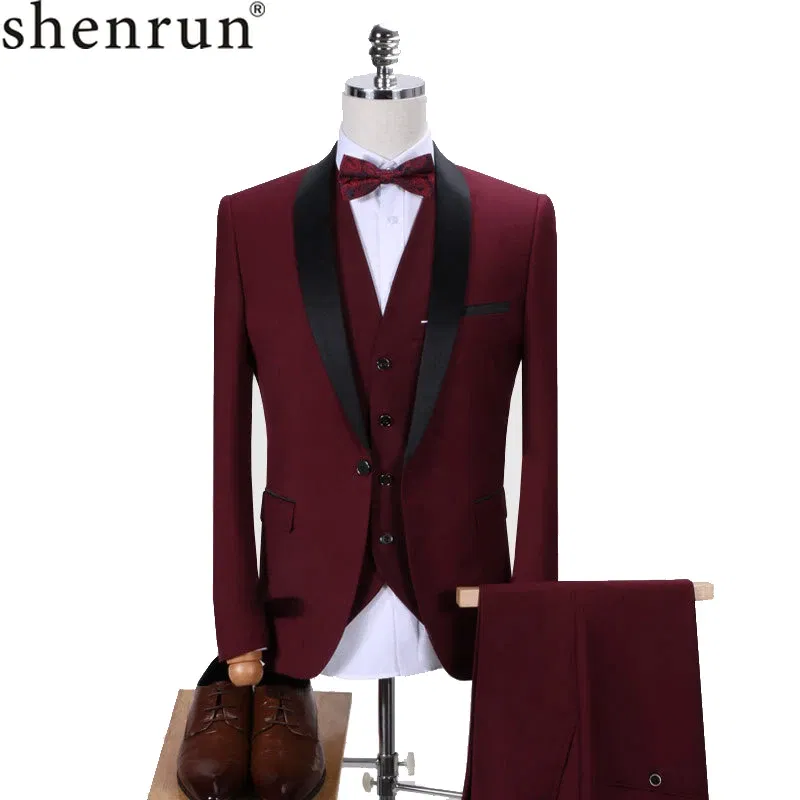 Color: Brown, Size: S - Shenrun Men Tuxedo Slim Fit Fashion Suit Wedding Shawl Lapel 3 Pieces Skinny Single Breasted Jacket Party Prom Singer Costume
