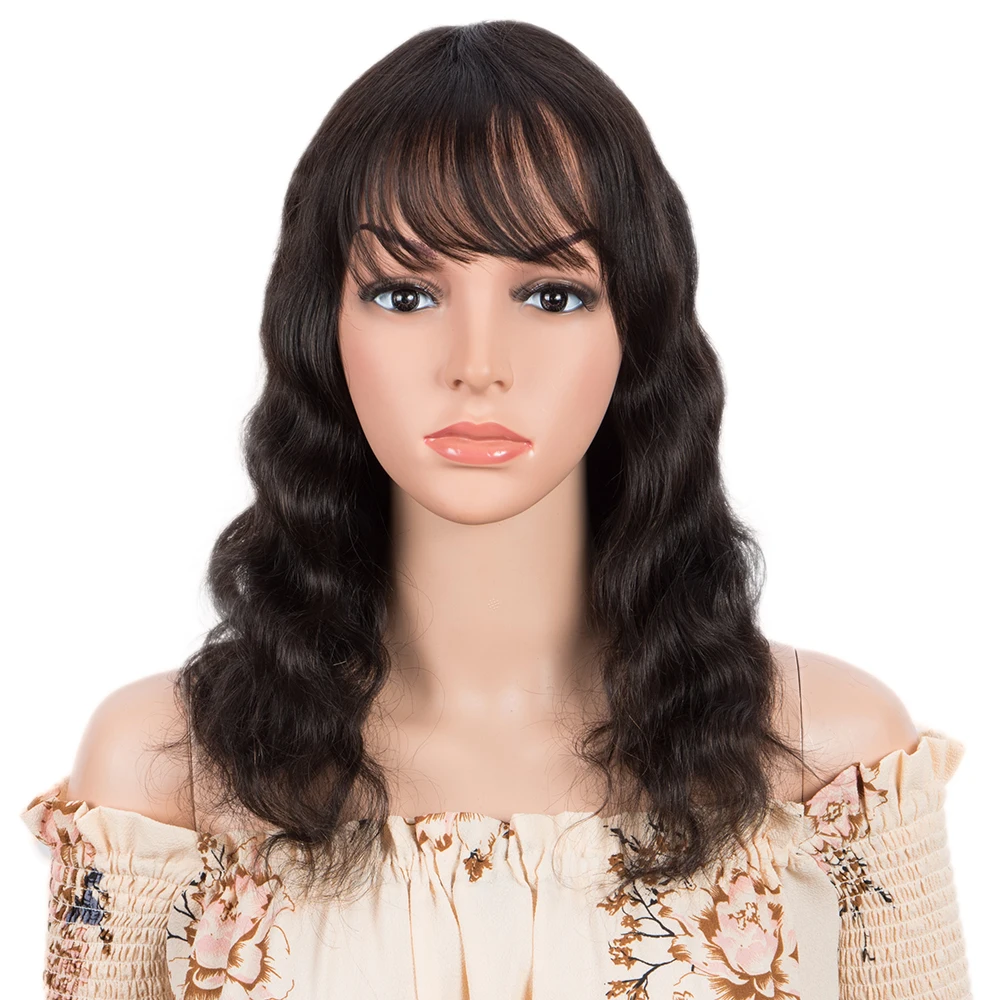 Hair Color: Natural Color, Wig Type: None Lace, Stretched Length: 26inches - Red Brazilian Body Wave Wigs Sleek Burgundy Color Natural Remy Black Dark Human Hair Wig With Bangs For Black Women