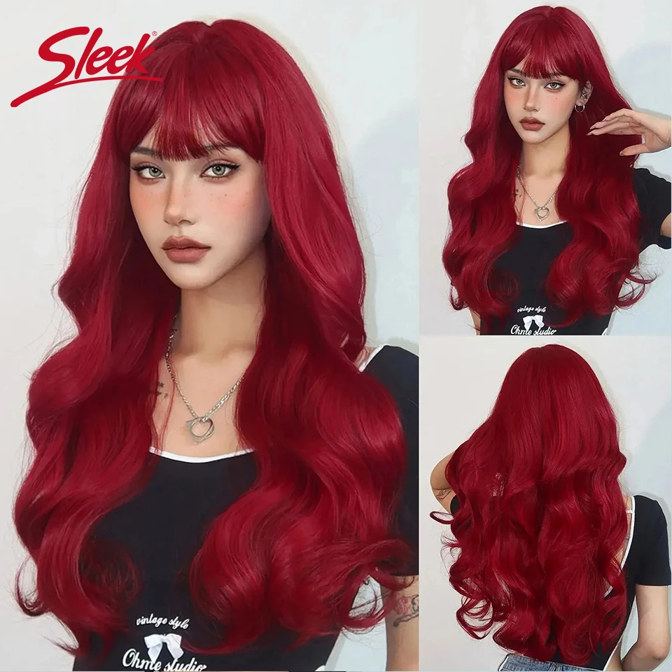 Hair Color: Natural Color, Wig Type: None Lace, Stretched Length: 26inches - Red Brazilian Body Wave Wigs Sleek Burgundy Color Natural Remy Black Dark Human Hair Wig With Bangs For Black Women