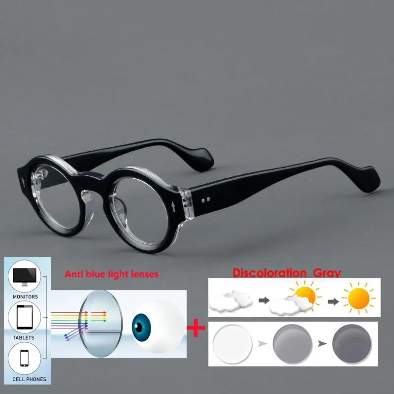 Frame Color: Silver, Eye Prescription: +600 - VCKA Round Acetate Myopia Anti-blue Discolor Glasses Vintage Men Prescription Intensification Custom Optics Eyewear -0.50 to -10