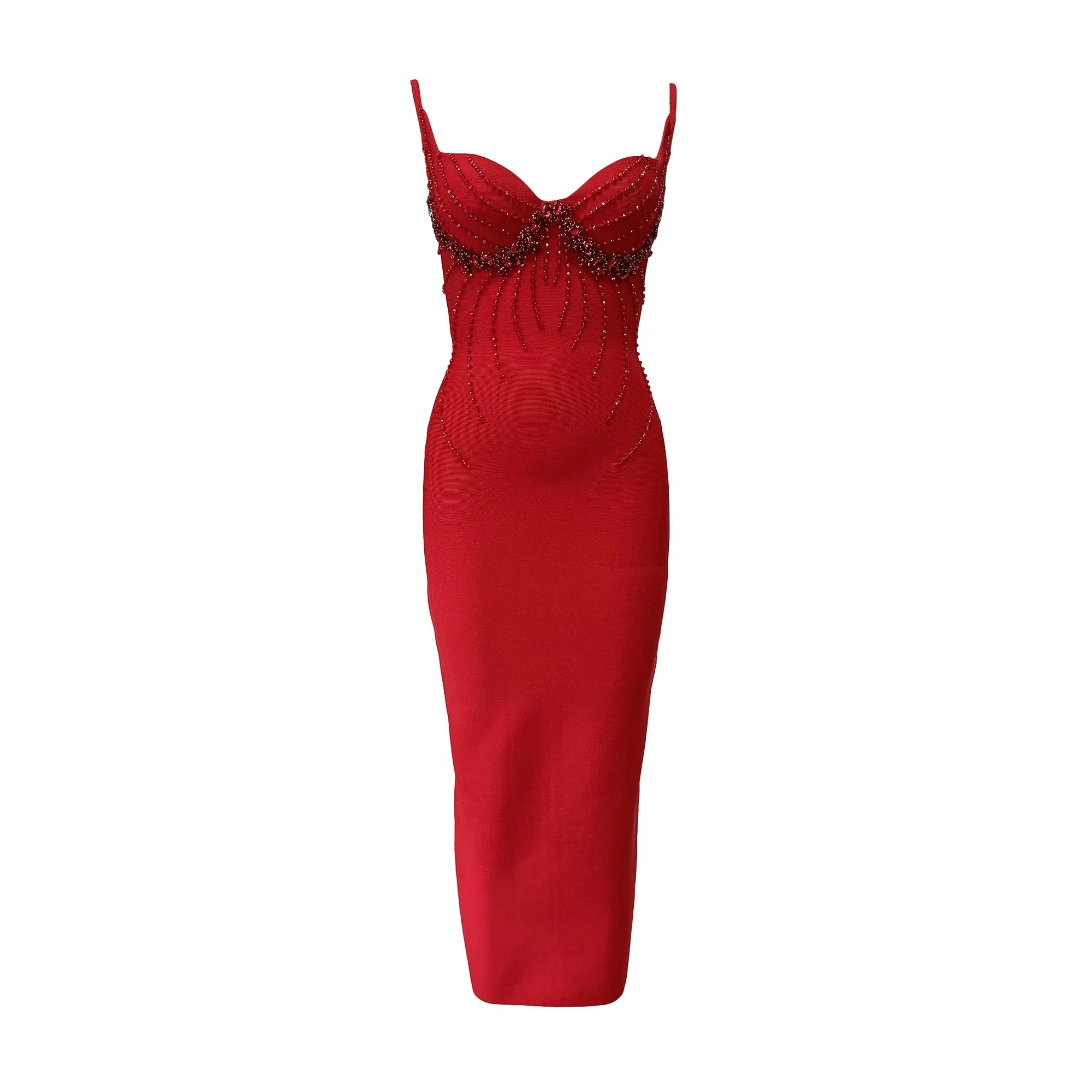 Color: Red, Size: S - Women Sexy Beading Spaghetti Strap Bandage Dress Bodycon Clothes Club Party Celebrity Elegant Dresses