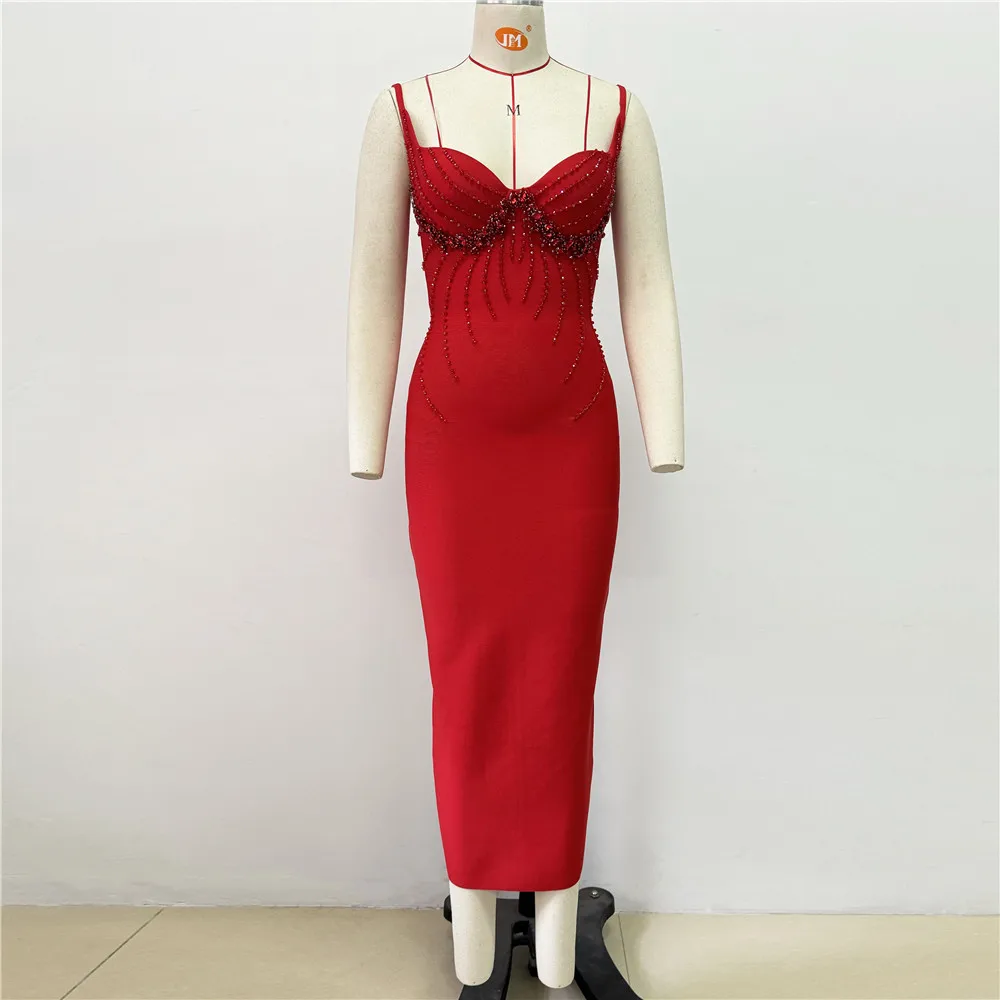 Color: Red, Size: S - Women Sexy Beading Spaghetti Strap Bandage Dress Bodycon Clothes Club Party Celebrity Elegant Dresses