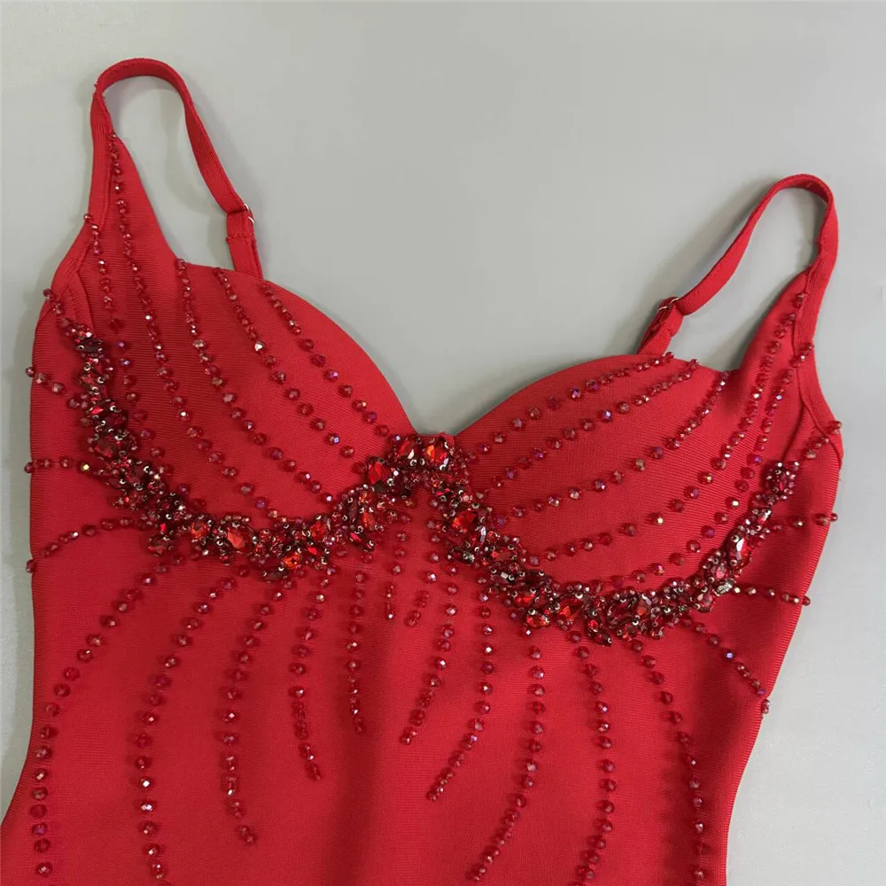 Color: Red, Size: S - Women Sexy Beading Spaghetti Strap Bandage Dress Bodycon Clothes Club Party Celebrity Elegant Dresses