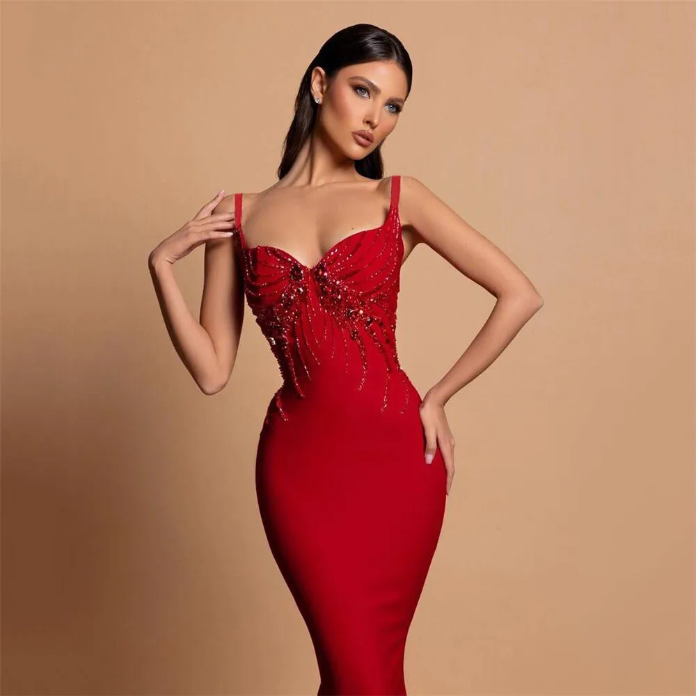 Color: Red, Size: S - Women Sexy Beading Spaghetti Strap Bandage Dress Bodycon Clothes Club Party Celebrity Elegant Dresses