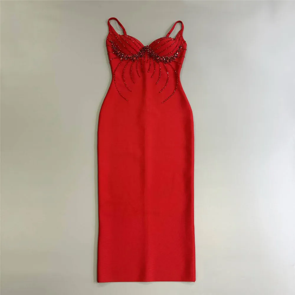 Color: Red, Size: S - Women Sexy Beading Spaghetti Strap Bandage Dress Bodycon Clothes Club Party Celebrity Elegant Dresses