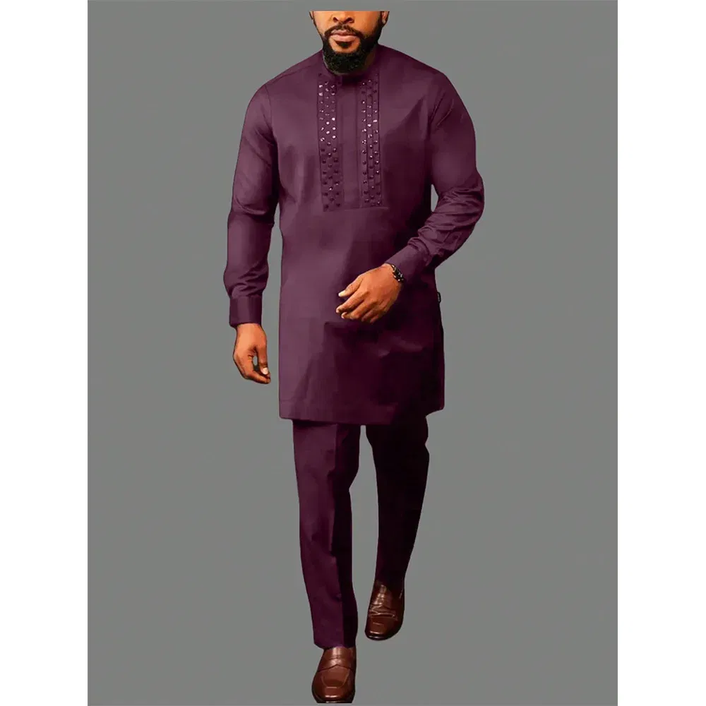 Color: Fuchsia, Size: L - 2024 New African Traditional Men's Set Elegant and Fashionable Men's Suit Casual Embroidery Two Piece Set Men's Suit Kaftan