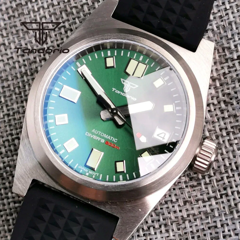 Color: khaki - Tandorio Black/Blue/Green Sunburst Dial NH35A 38mm Automatic Men's Watch 200M Brushed Case AR Sapphire Crystal Rubber Strap