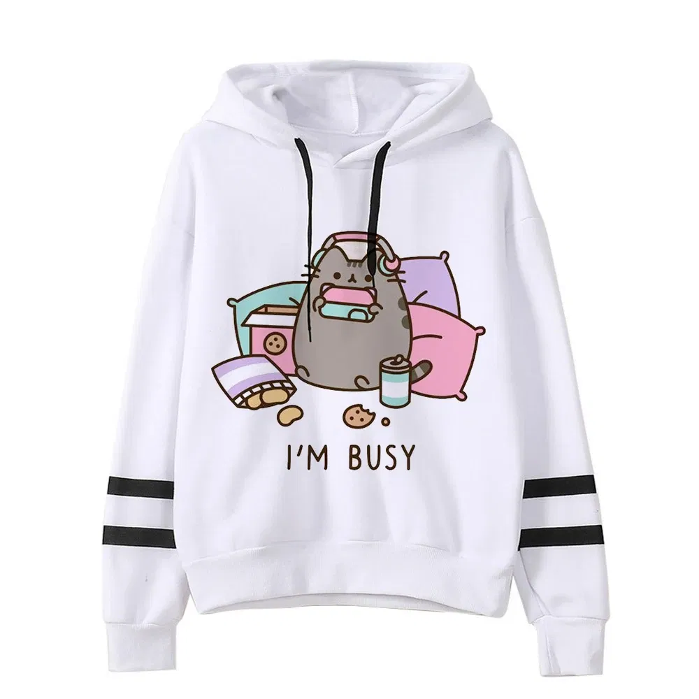 Color: RHODO, Size: L - Women Ullzang Cute Cat Funny Cartoon Sweatshirt Pusheen Cat Kawaii Harajuku Korean Style Hoodies Graphic Fashion Hoody Female