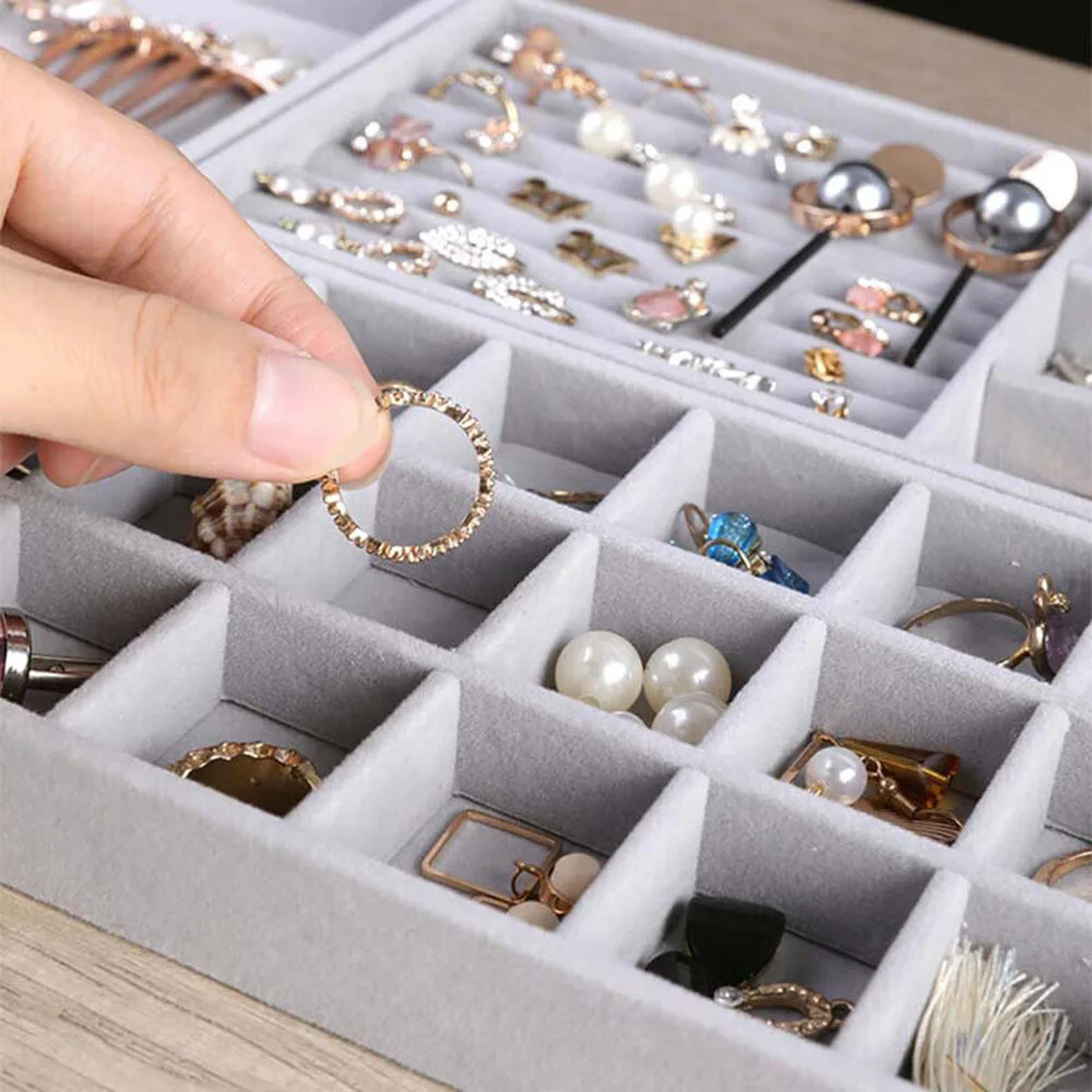Color: Blue - Velvet Jewelry Storage Box Necklace Stackable Display Tray Bracelet Earring Organizers DIY Handicrafts Drawer Box Organizer Box
