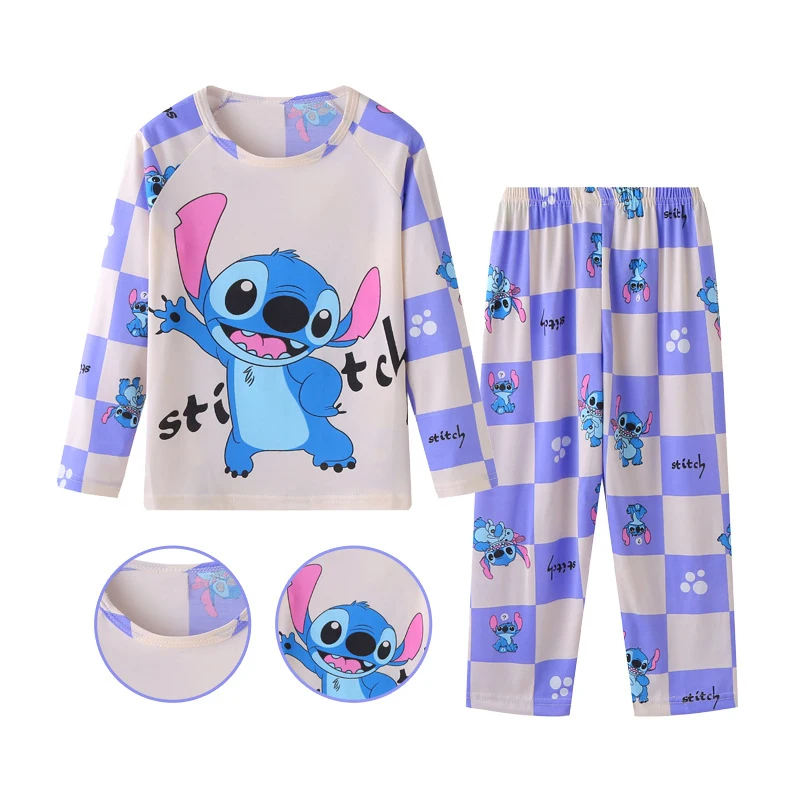 Color: Blue, Kid Size: 4T - 2pcs/set New Disney Stitch Children Pyjamas for Boys and Girls Sets Kid Minnie Home Wear Travel Casual Sleepwear Suit Cute Gift