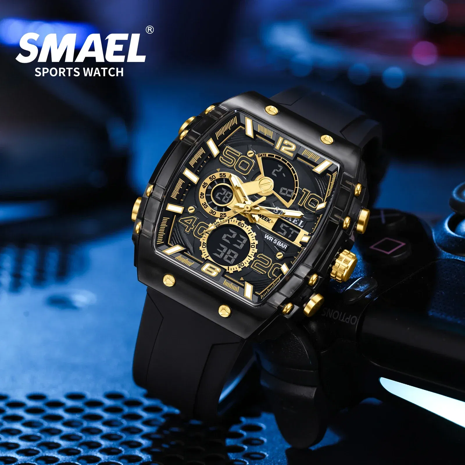 Color: BRONZE - SMAEL 8109 New Men's Watch Multifunctional Sports 50M Waterproof Dual Display LED Night Light Leisure Student Electronic Watch