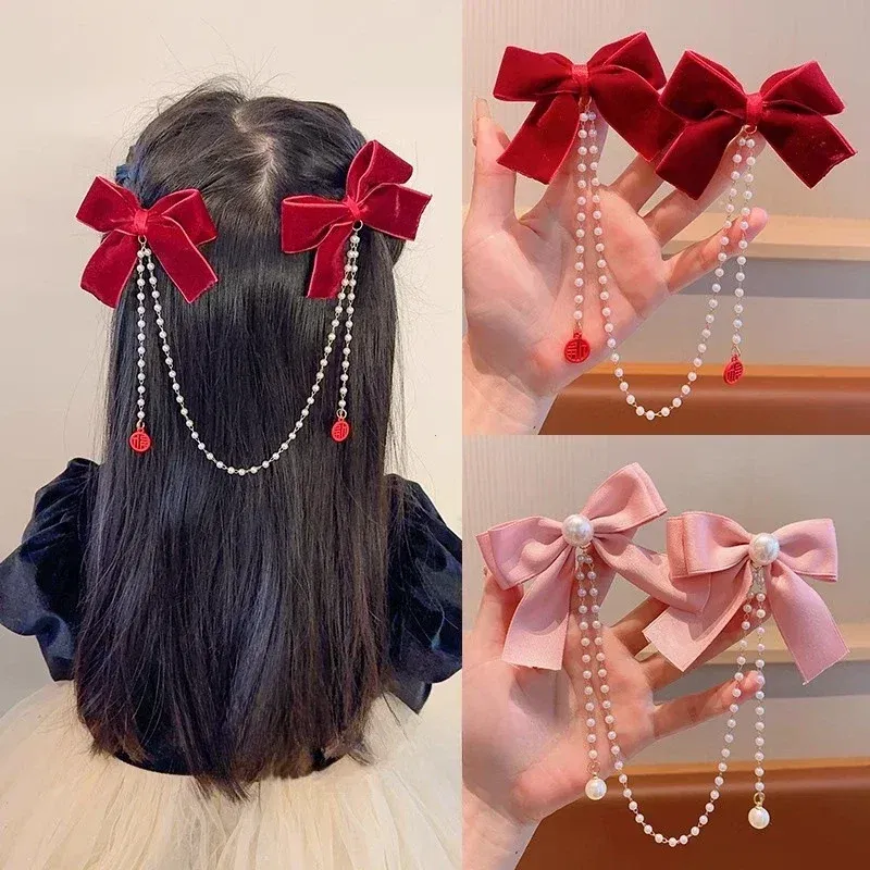 Color: green - Elegant Pearl Bow Tassel Hair Clip Solid Velvet Hair Claw Children Princess Best Hairpins New Fashion Beauty Hair Accessories