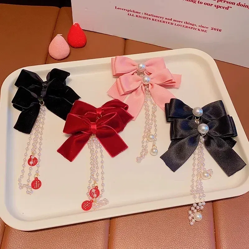 Color: green - Elegant Pearl Bow Tassel Hair Clip Solid Velvet Hair Claw Children Princess Best Hairpins New Fashion Beauty Hair Accessories