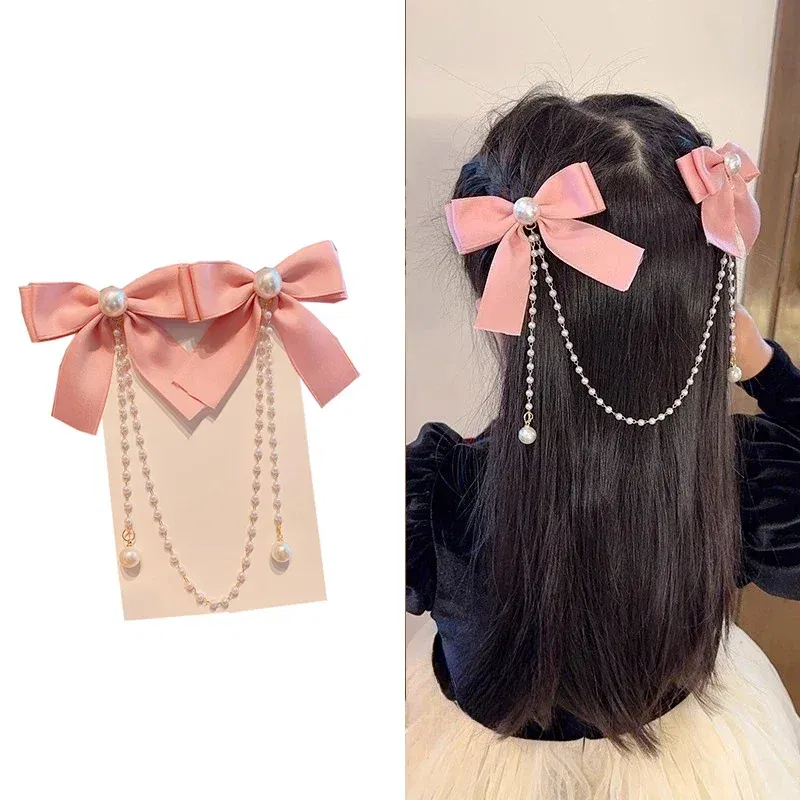 Color: green - Elegant Pearl Bow Tassel Hair Clip Solid Velvet Hair Claw Children Princess Best Hairpins New Fashion Beauty Hair Accessories