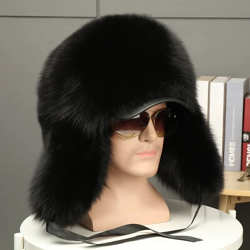 Color: Dark Grey, Hat Size: 56 - 2025 Winter 100% Real Silver Fox Fur Bomber Hat Raccoon Fur Ushanka Cap Trapper Russian Men's Ski Hats Caps