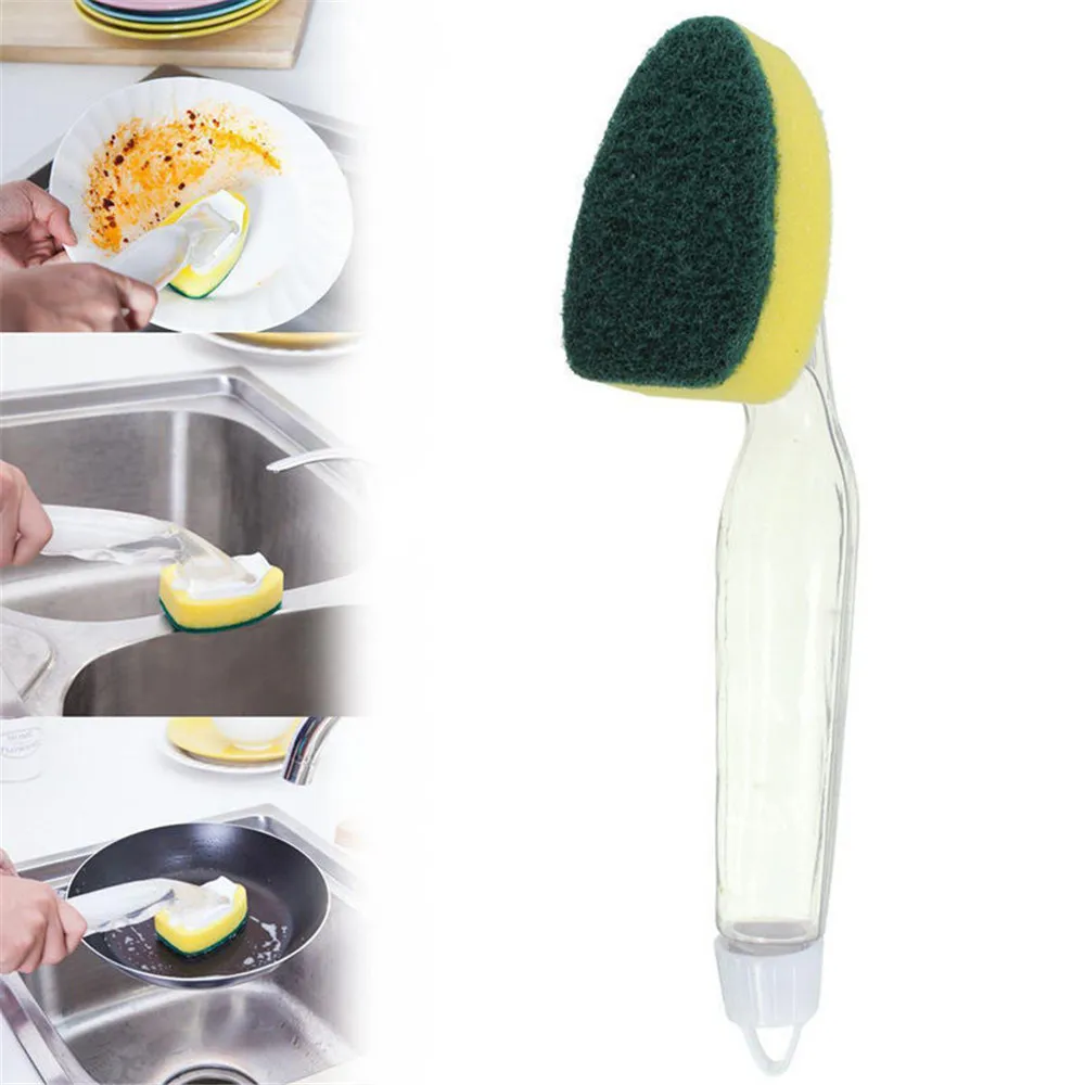 Color: Black - Replaceable Liquid Soap Dispenser Kitchen Cleaning Tool Long Handle Brush With Automatic Refill Liquid Sponge Wash Dish Scrubber