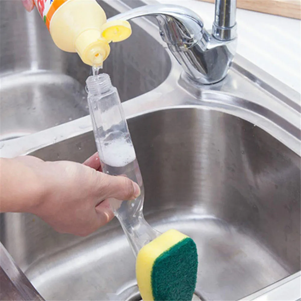 Color: Black - Replaceable Liquid Soap Dispenser Kitchen Cleaning Tool Long Handle Brush With Automatic Refill Liquid Sponge Wash Dish Scrubber