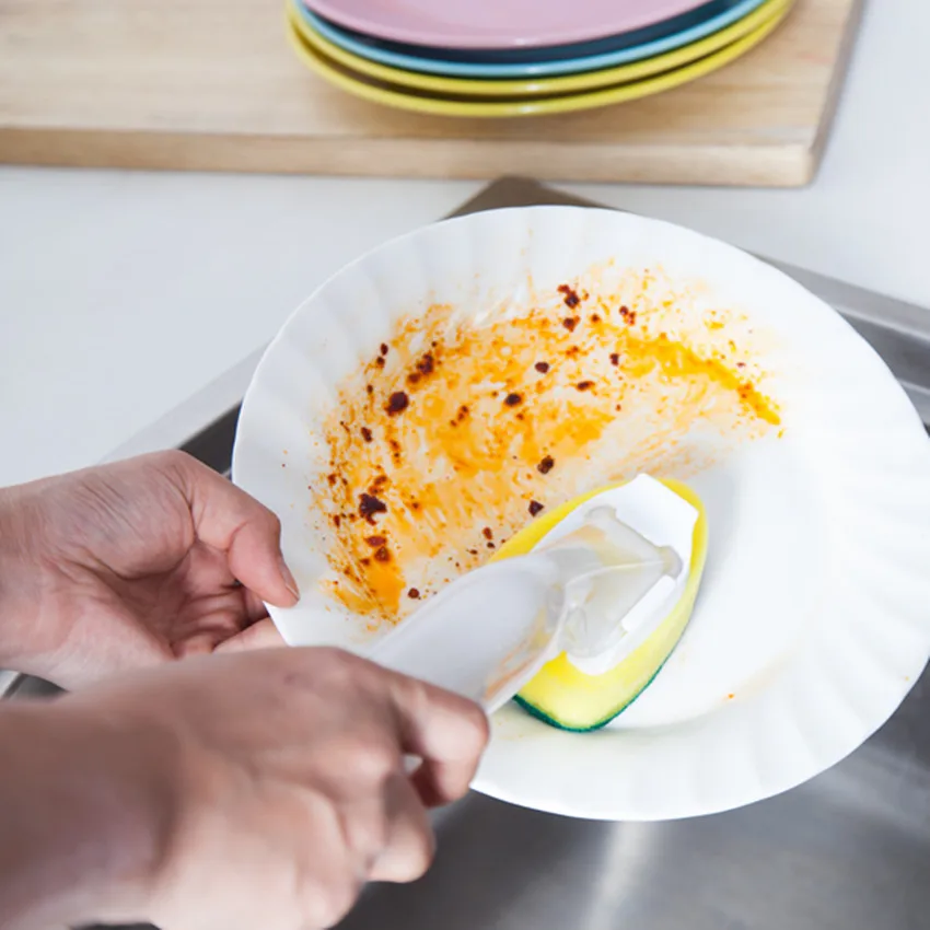 Color: Black - Replaceable Liquid Soap Dispenser Kitchen Cleaning Tool Long Handle Brush With Automatic Refill Liquid Sponge Wash Dish Scrubber