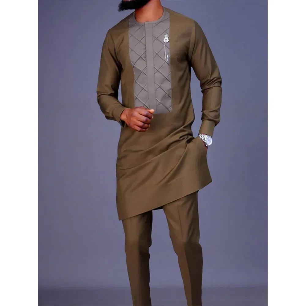 Color: CORAL RED, Size: XXL - New Dashiki Men's Set Grey Round Neck Long Sleeve Luxury Brand Men's Suit Casual Slim Fit Men's Set Wedding Evening Suit