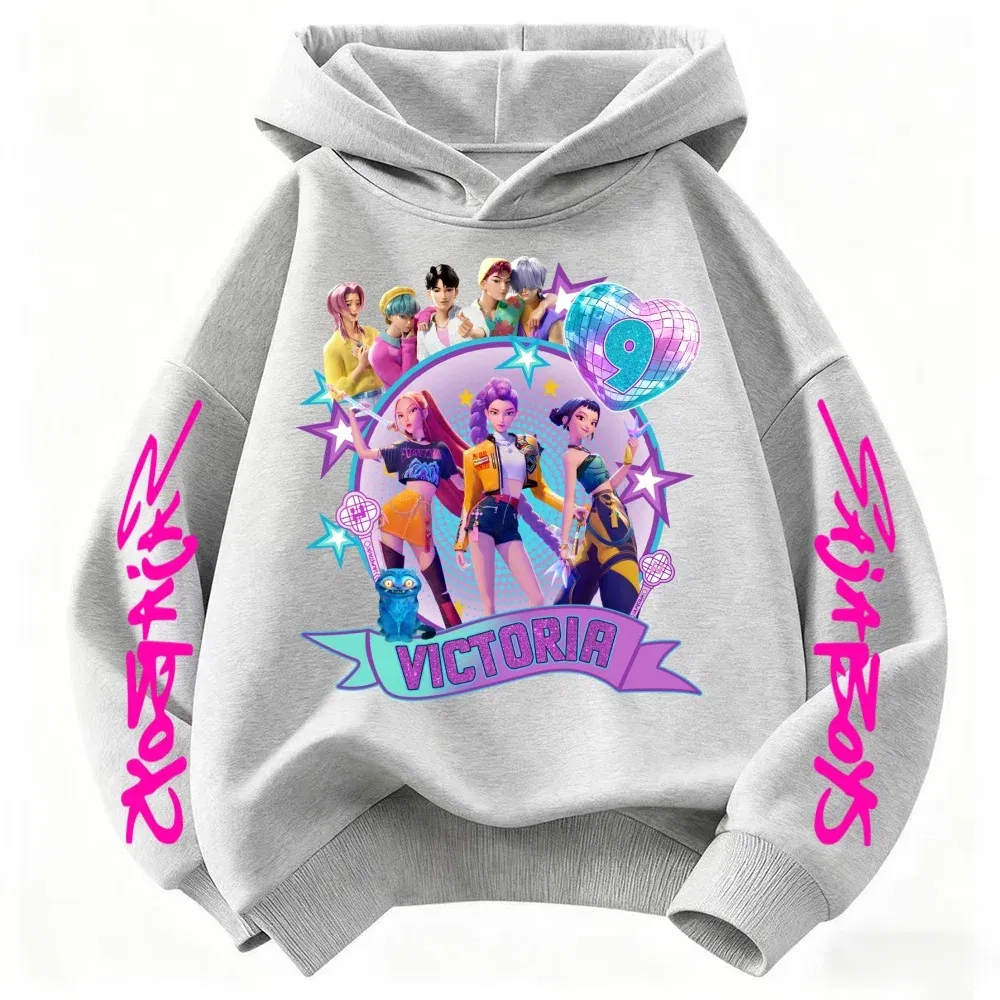 Color: GRAY, Kid Size: 7 - Movie Kpop Demon Hunters Shining light ball Hoodie Men Women Cartoon Fashion Sweatshirt Male Casual boys&girls Pullover Hoodies