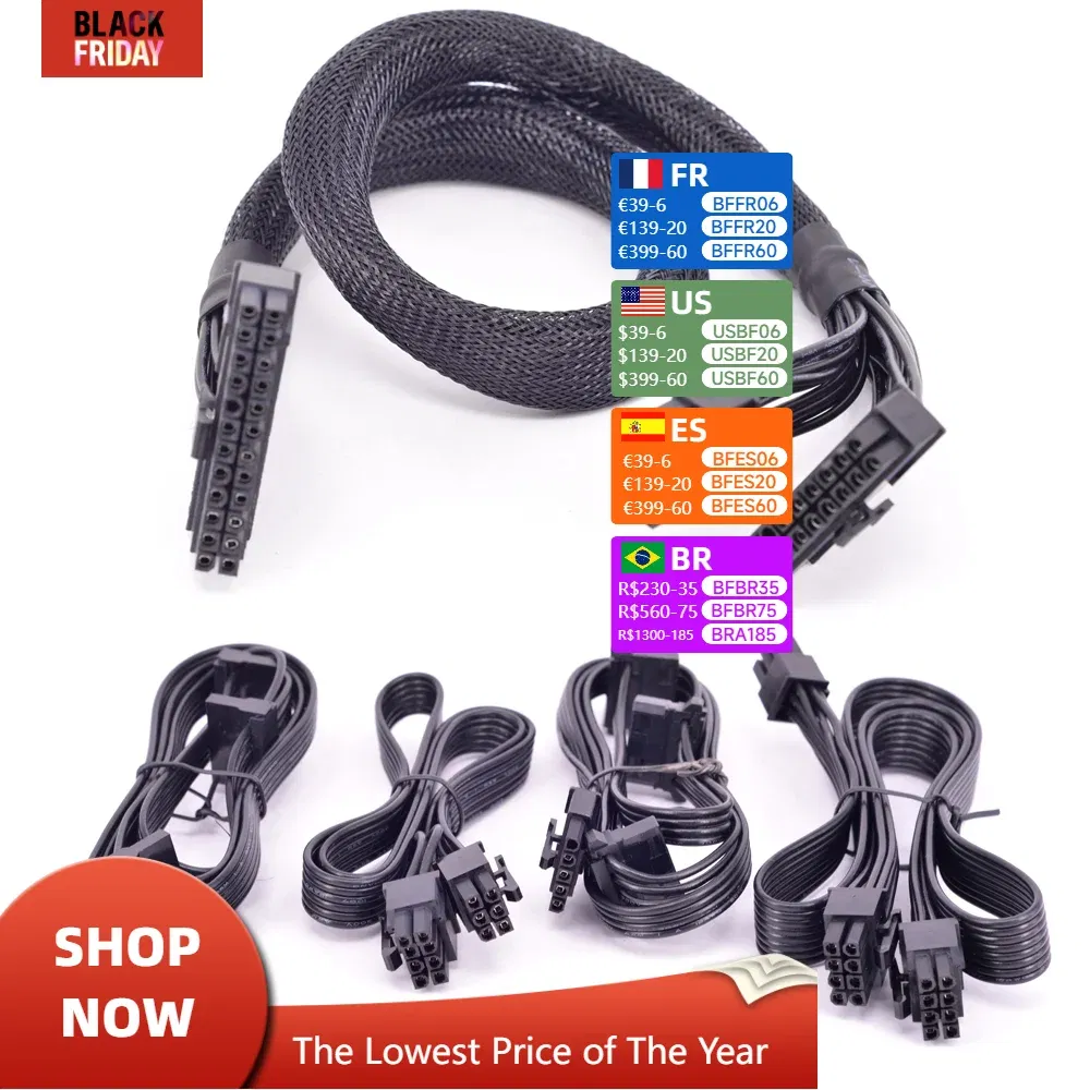 Color: Silver, Cable length: Other - For Cooler Master V Series V850 V1000 V1200 ATX 24 Pin CPU PCI-e 6 6+2 8 Pin Peripheral 4 Pin SATA Power Supply Cable