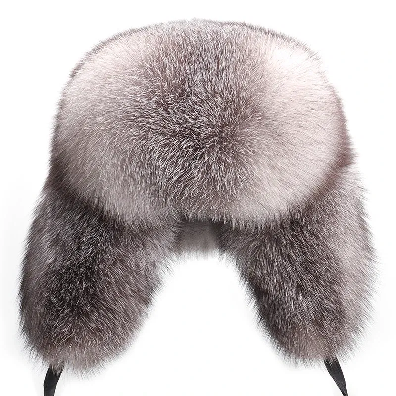 Color: Lavender, Hat Size: 56 - 2025 Winter 100% Real Silver Fox Fur Bomber Hat Raccoon Fur Ushanka Cap Trapper Russian Men's Ski Hats Caps
