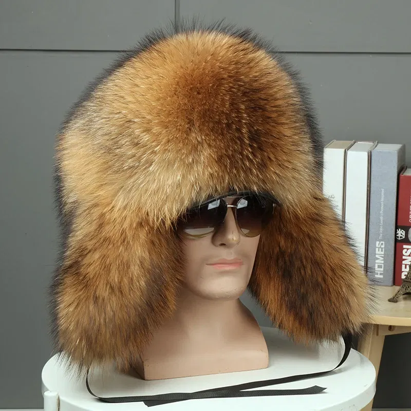 Color: Lavender, Hat Size: 56 - 2025 Winter 100% Real Silver Fox Fur Bomber Hat Raccoon Fur Ushanka Cap Trapper Russian Men's Ski Hats Caps