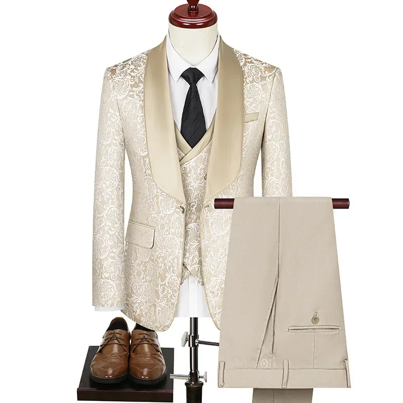 Color: Blue, Size: 54 - 2024 Plus-size Men's Jacquard Suit Wedding Dress Groom Suit Host Performance Costume Wedding Suits for Men