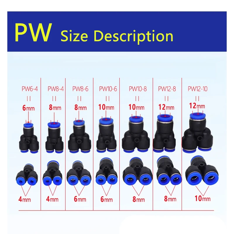 PW Y-type Pneumatic fitting Reducing Tee Straight Through 4 to 12mm plastic hose quick couplings