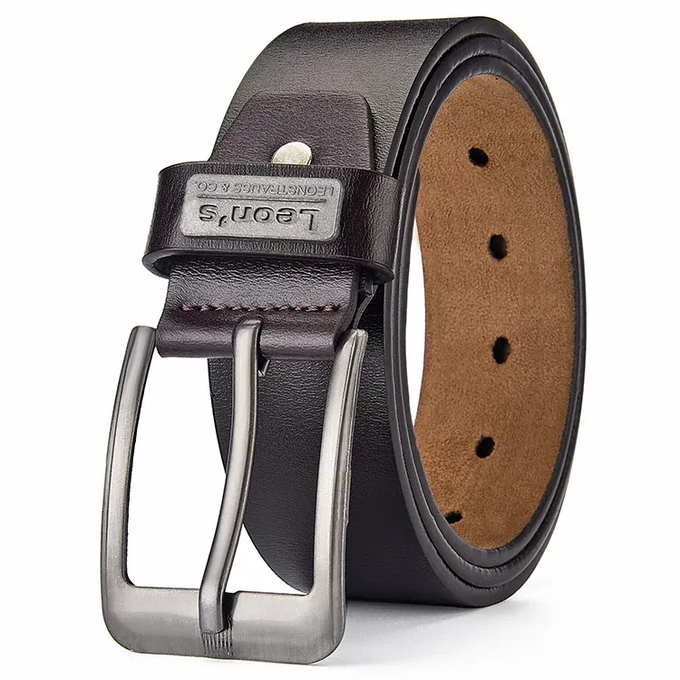 Color: Coffee, Belt Length: 120cm - 【LEON?‡S?‘ Buckle  Leather Casual Jeans Belt Men High Quality Retro Luxury Male Strap Cintos 3 Colors 2023 NEW