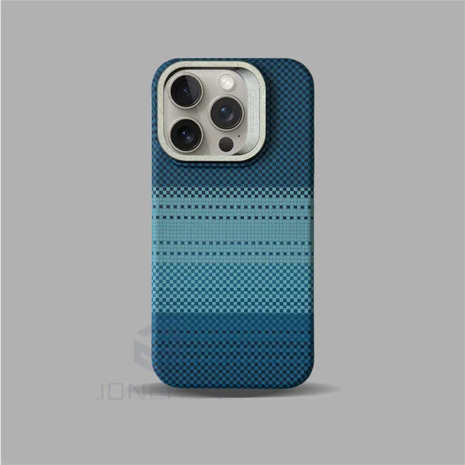 Color: Blue, Material: PP - Luxury Magnetic Stand Metal Lens Relief Carbon Fibre Pattern For Magsafe Case For iPhone 15 14 13 Pro Max Shockproof  Back Cover