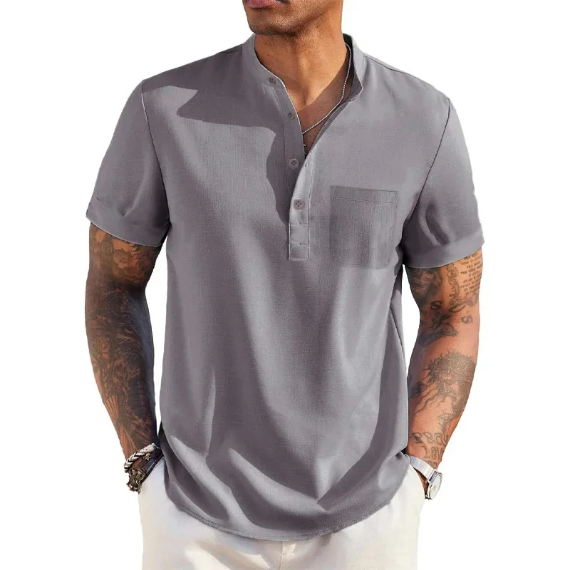 Color: GRAY, Size: XL - Summer Men's Cotton Linen T-Shirt Henley Neck Pocket Casual Lightweight Breathable Beach Shirt Solid Color Basic Style Tops