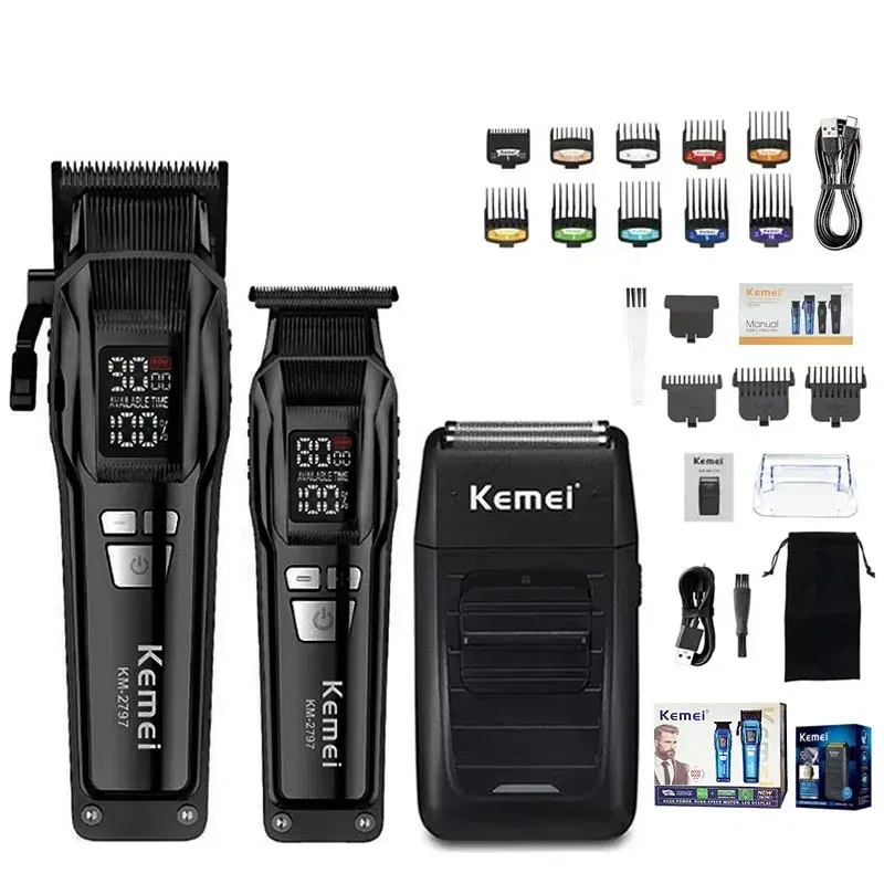 Color: Yellow - Kemei Professional Electric Hair Clipper Kit Rechargeable Hair Trimmer Shaver for Men USB Charging Beard Razor KM-2797 KM-1102