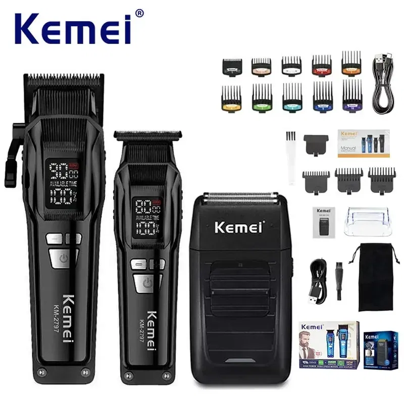 Color: Yellow - Kemei Professional Electric Hair Clipper Kit Rechargeable Hair Trimmer Shaver for Men USB Charging Beard Razor KM-2797 KM-1102
