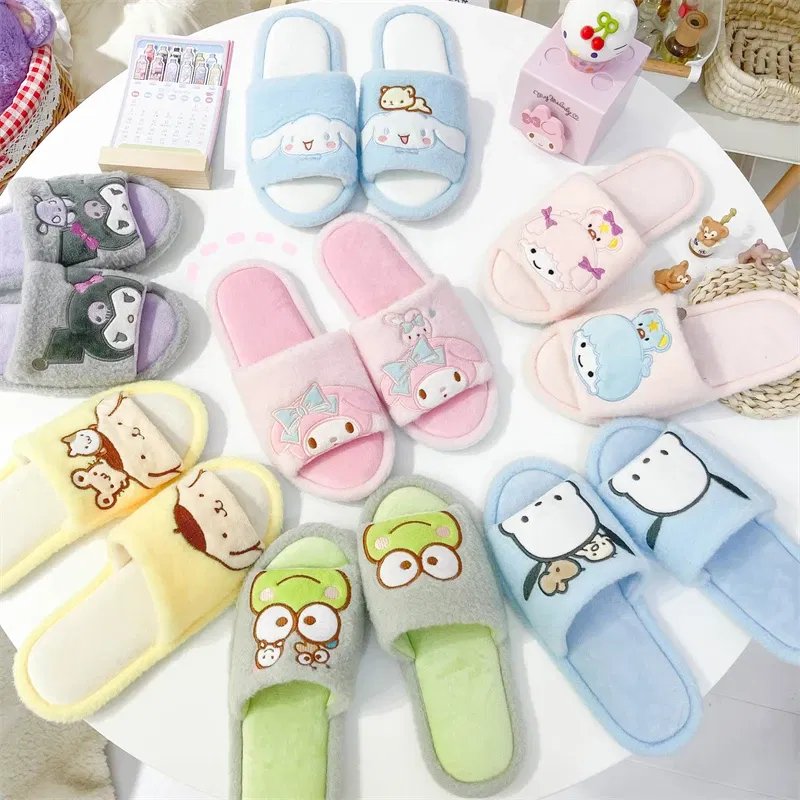 Color: Cyan-Blue, Shoe Size: 36 - Japanese Anime Slippers Cartoon Open Toe Sweet Girly Indoor Home Plush Shoes Flat Non-slip Casual Girl Spring Autumn Kawaii