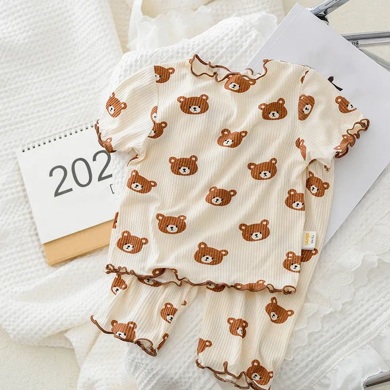 Color: Beige, Kid Size: 10 - Summer Printing Short-Sleeved Loungewear Suit Boys And Girls Pajamas Pants Two-Piece Set 2-6 Years Old Robe